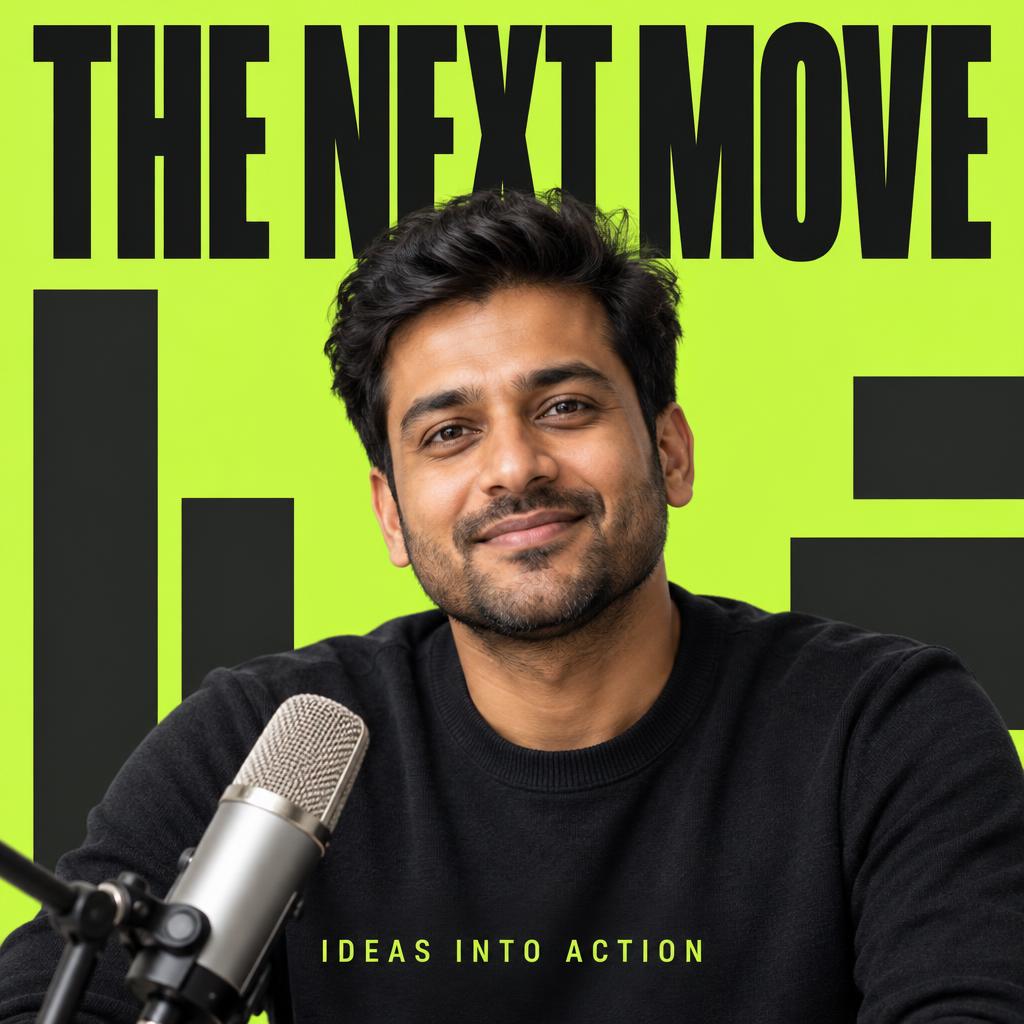 Example podcast cover: Recreate this Indian entrepreneur podcast host with a microphone, bright lime background and bold business podcast typography.