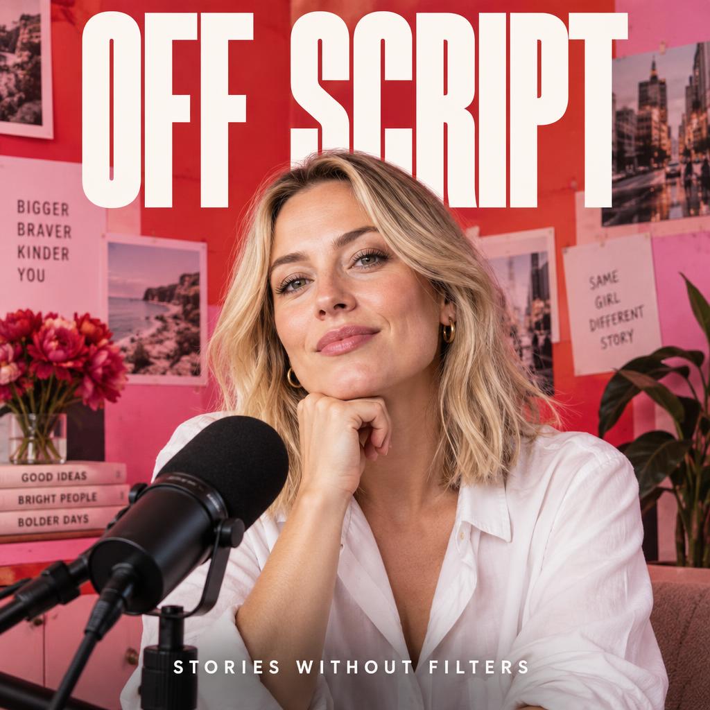 Example podcast cover: Recreate this Swedish creative podcast host with a microphone on a pink and red cover, with bold culture podcast typography.