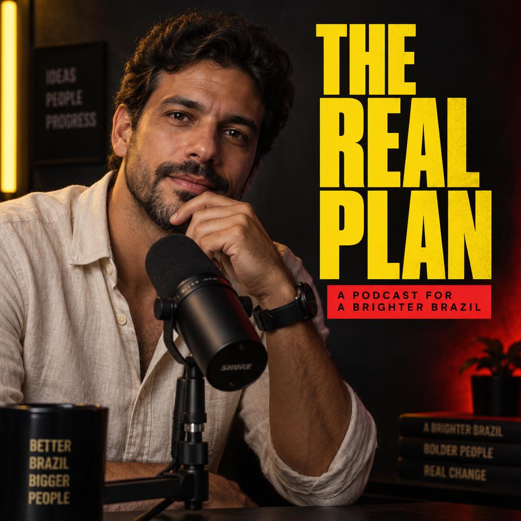 Example podcast cover: Recreate this Brazilian podcast host in a cream shirt leaning toward a microphone, with a confident editorial layout and bold title.