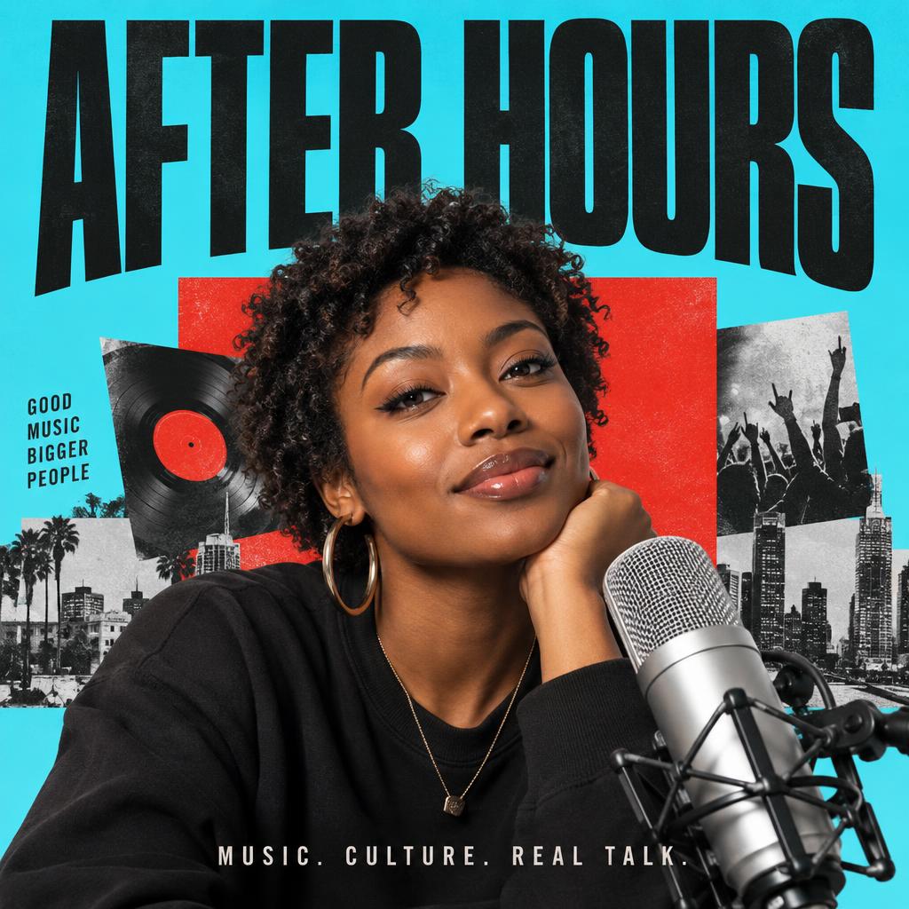 Example podcast cover: Recreate this music and culture podcast cover: host beside a studio microphone, cyan background and striking editorial typography.