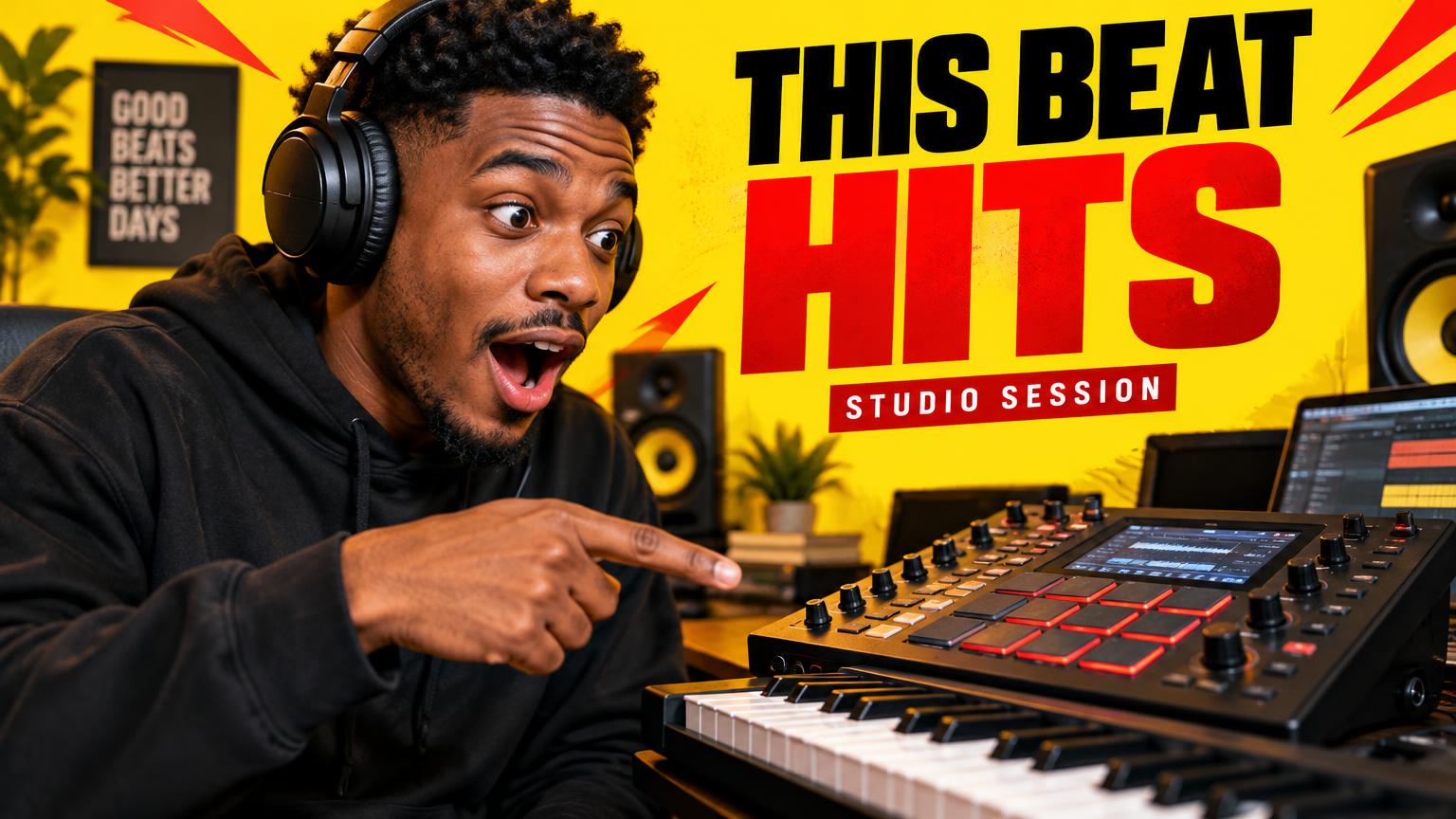 Example YouTube thumbnail: Recreate this music producer thumbnail: expressive reaction in a recording studio, vivid colors, dramatic lighting and a bold headline.