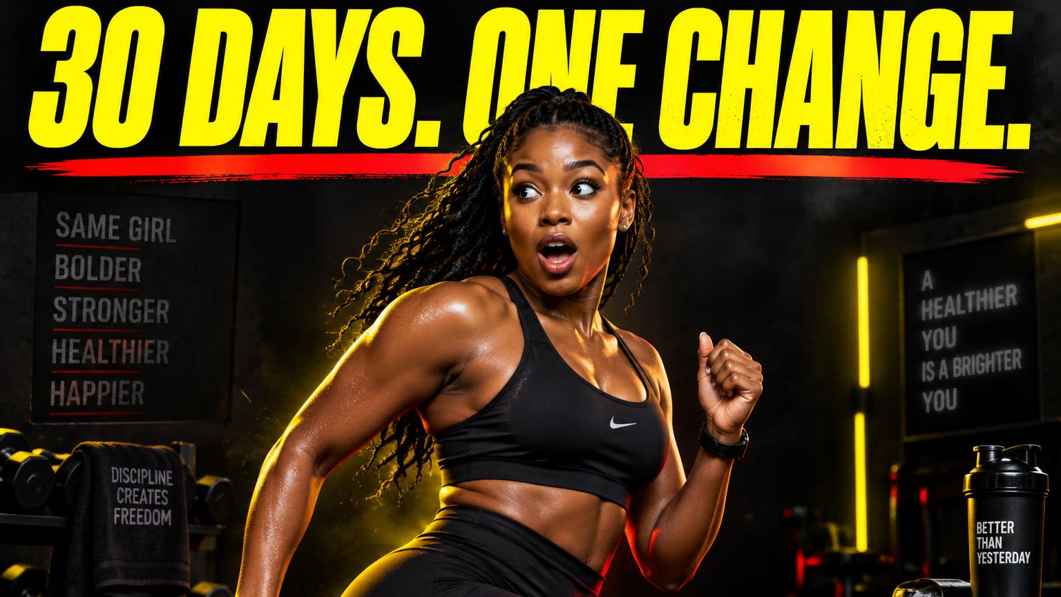 Example YouTube thumbnail: Recreate this Nigerian fitness creator in yellow activewear mid-jump, with dynamic movement, strong contrast and motivational headline.