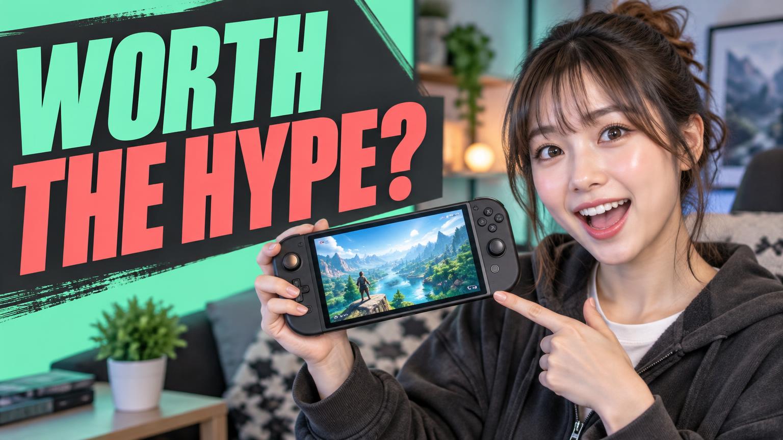 Example YouTube thumbnail: Recreate this Japanese tech creator reviewing a gaming console, with a surprised expression, bright product focus and a bold headline.