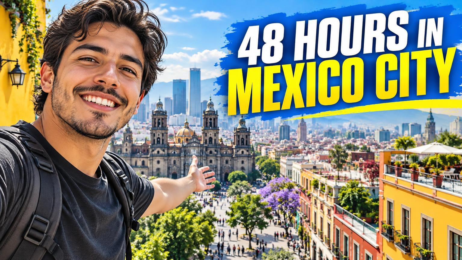 Example YouTube thumbnail: Recreate this Mexican travel creator exploring Mexico City: vibrant city scenery, energetic travel storytelling and a bold headline.